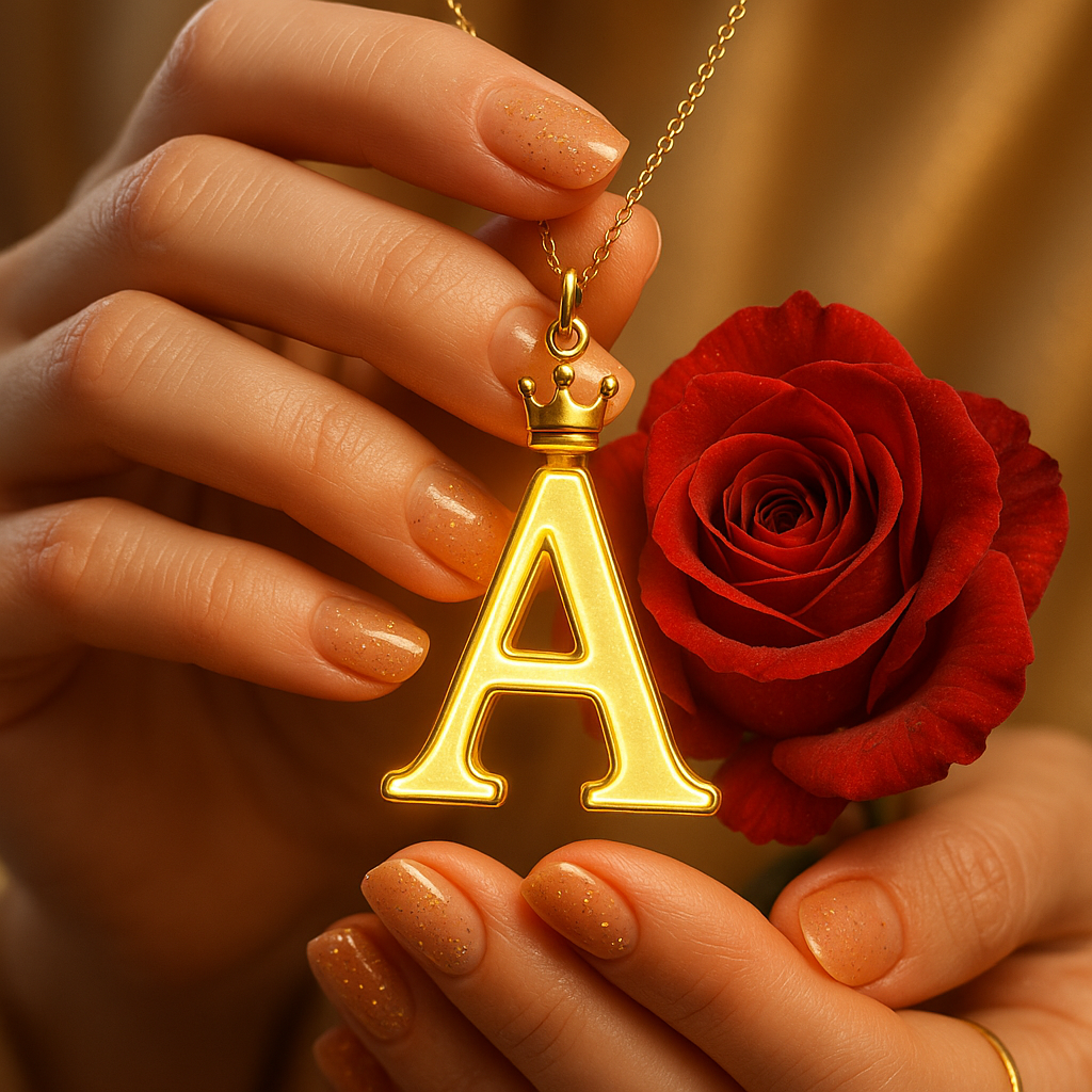 Download A to Z Alphabet Pendant DP – Golden Letter with Rose (Free HD) 1 A close-up shot shows a person's hands delicately holding a golden pendant shaped like the letter "A" with a small crown atop it, hanging from a thin gold chain. To the right of the pendant, a vibrant red rose is visible, also held gently. The person's nails are manicured and painted with a light, shimmery polish. The background is softly blurred, focusing attention on the pendant and the rose.