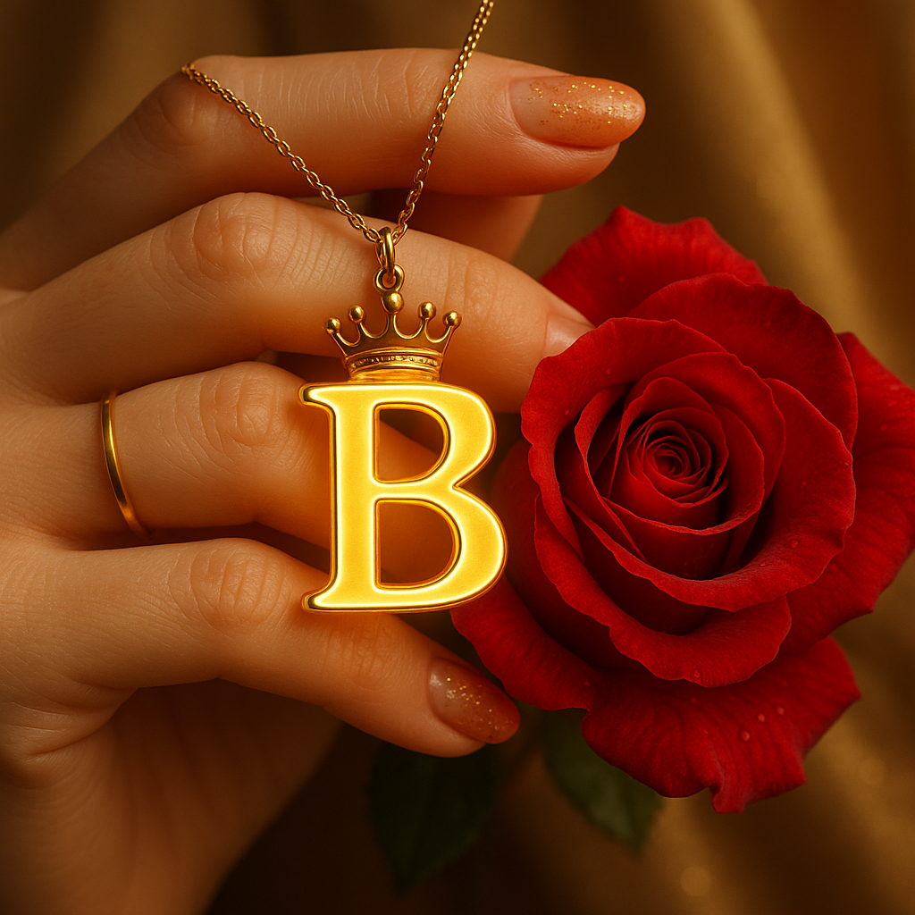 Download A to Z Alphabet Pendant DP – Golden Letter with Rose (Free HD) 2 A close-up shot of a person's hands delicately holding a golden pendant shaped like the letter "B" with a small crown perched on top, suspended from a thin gold chain. To the right, a rich red rose is visible, also held gently. The person's nails are neatly manicured with a light, shimmery polish. The background is softly blurred, keeping the focus on the pendant and the rose.