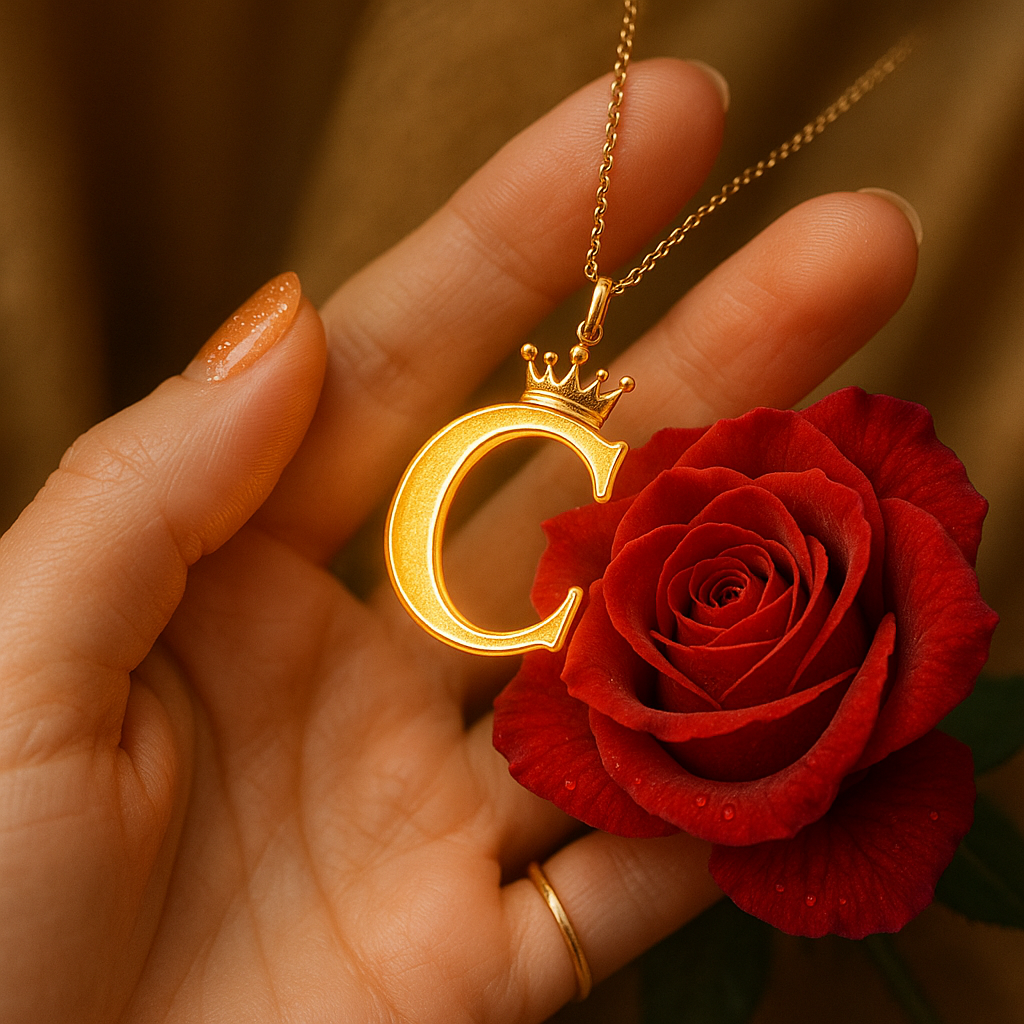 Download A to Z Alphabet Pendant DP – Golden Letter with Rose (Free HD) 3 A close-up view of a person's hand holding a golden pendant in the shape of the letter "C," topped with a small golden crown, dangling from a thin gold chain. Beside the pendant, a vibrant red rose is held, its petals showing subtle water droplets. The person's fingernails are painted with a light, sparkly polish, and a simple gold ring is visible on one finger. The background is blurred, drawing attention to the foreground elements.