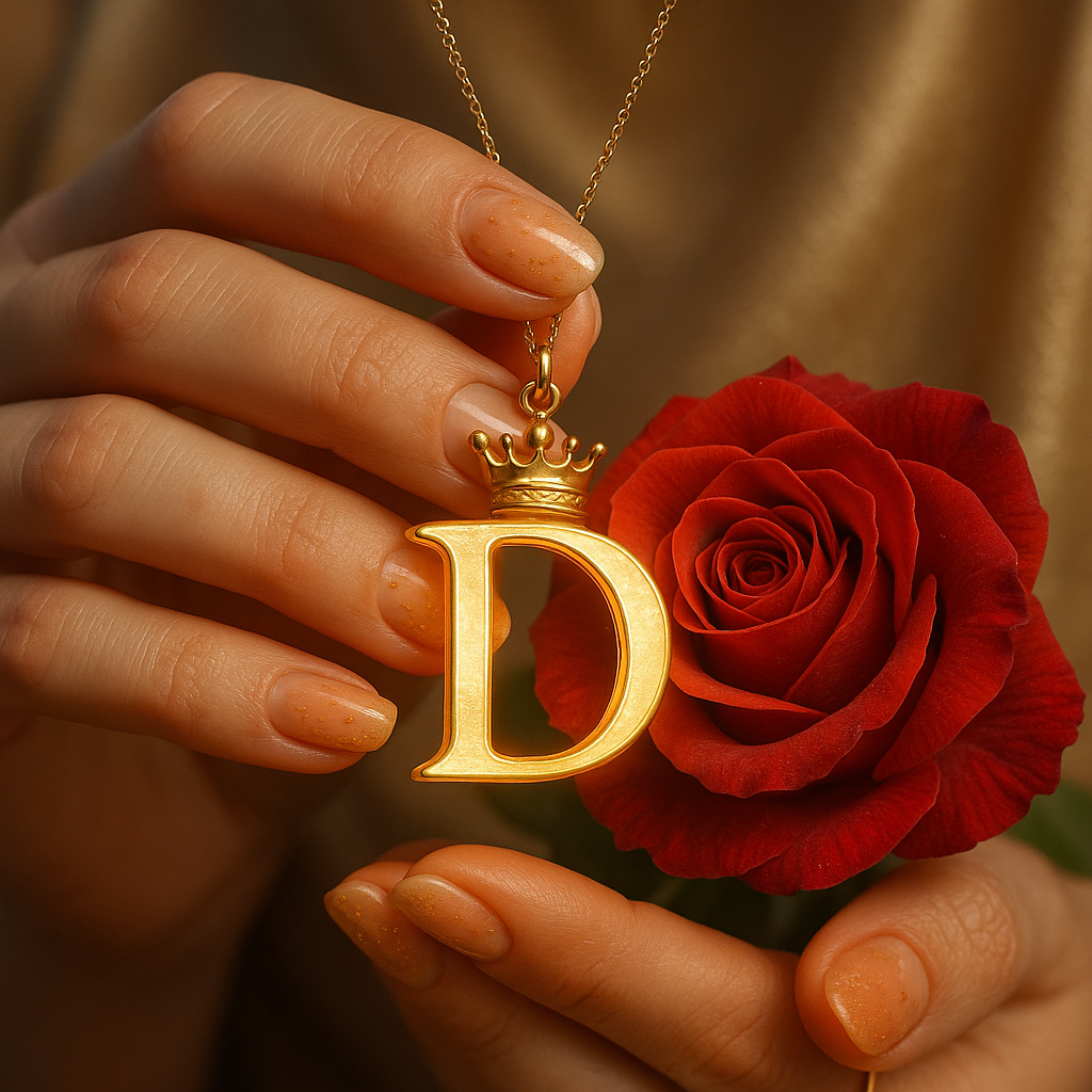 Download A to Z Alphabet Pendant DP – Golden Letter with Rose (Free HD) 4 A close-up shot captures a person's hands gently holding a golden pendant shaped like the letter "D," adorned with a small crown at its top and suspended from a delicate gold chain. To the right of the pendant, a richly colored red rose is also held by the hands. The person's fingernails are manicured and painted with a light, shimmery polish. The background is softly blurred, emphasizing the detailed pendant and the rose.