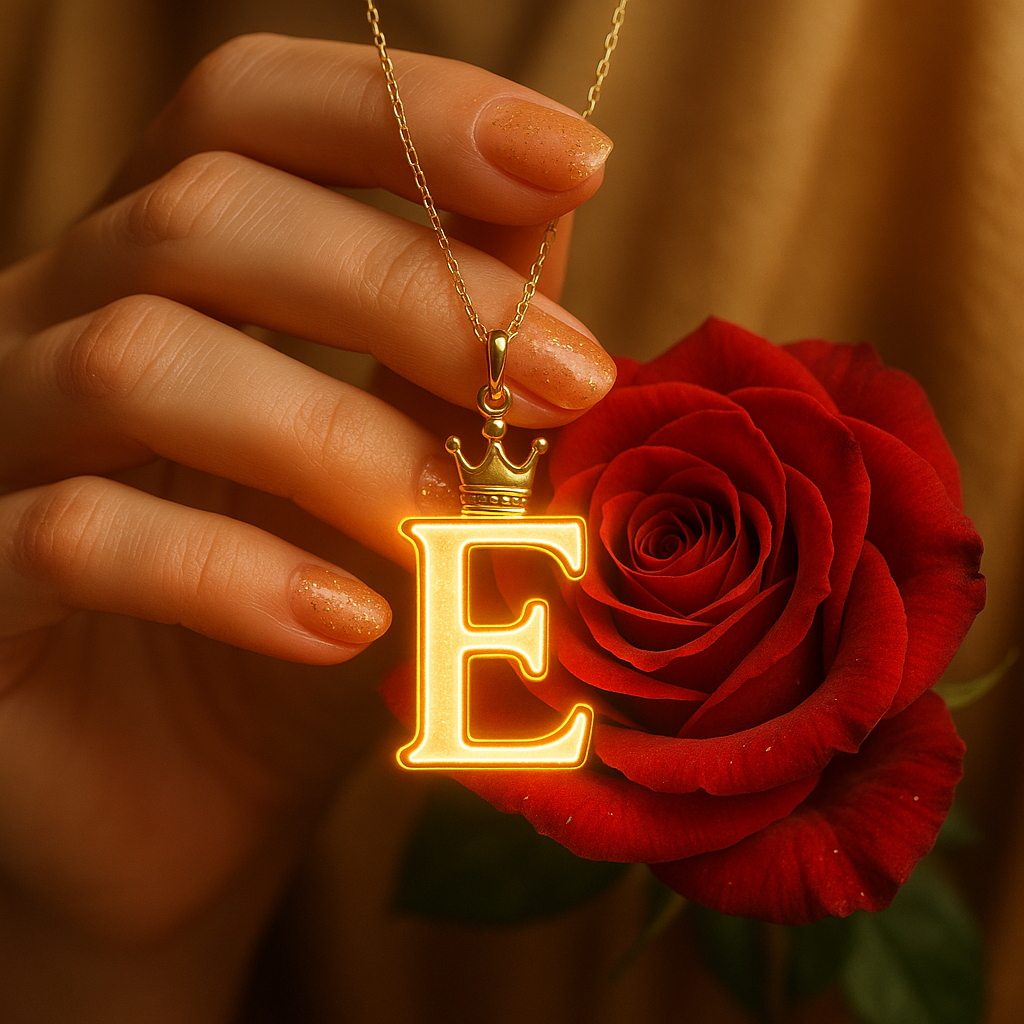 Download A to Z Alphabet Pendant DP – Golden Letter with Rose (Free HD) 5 A close-up image focuses on a person's hands holding a radiant golden pendant shaped like the letter "E," which glows with a subtle orange light around its edges. A small golden crown sits atop the letter, and the pendant hangs from a delicate gold chain. To the right, a deep red rose with fully opened petals is also held. The person's nails are manicured and painted with a light, shimmery polish. The background is softly blurred, emphasizing the detailed pendant and the rose.