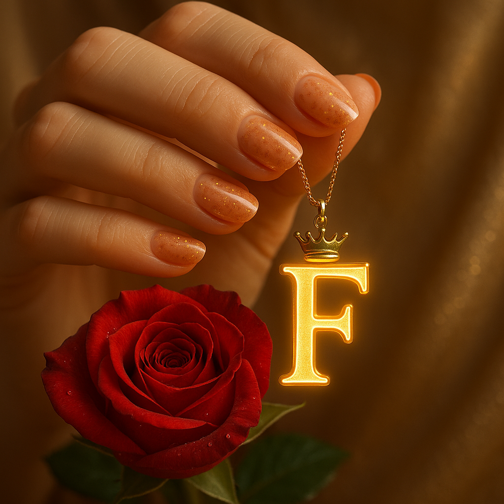 Download A to Z Alphabet Pendant DP – Golden Letter with Rose (Free HD) 6 A close-up shot of a person's hand holding a glowing golden pendant shaped like the letter "F," adorned with a small crown and suspended from a delicate gold chain. The letter "F" emits a subtle orange glow around its edges. Below the pendant, a vibrant red rose with dark green leaves is visible. The person's fingernails are manicured and painted with a light, shimmery polish. The background is softly blurred, keeping the focus on the pendant and the rose.