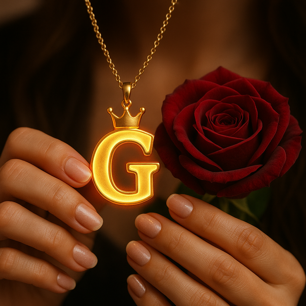 Download A to Z Alphabet Pendant DP – Golden Letter with Rose (Free HD) 7 A close-up shot features a person's hands holding a luminous golden pendant shaped like the letter "G," which glows with a warm orange light around its edges. A small golden crown rests atop the letter, and the pendant is suspended from a delicate gold chain. To the right of the pendant, a richly red rose with tightly furled petals is also held. The person's nails are neatly manicured and painted with a light, natural-toned polish. The background is dark and softly blurred, emphasizing the glowing pendant and the rose.