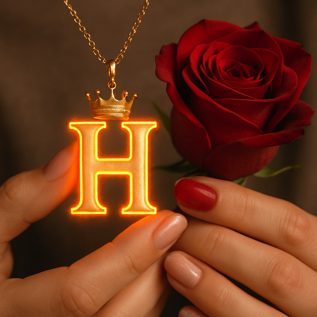 Download A to Z Alphabet Pendant DP – Golden Letter with Rose (Free HD) 8 A close-up image of a person's hands holding a glowing golden pendant shaped like the letter "H," which emits a warm orange light from its edges. A small golden crown sits on top of the letter, and the pendant hangs from a delicate gold chain. To the right, a deep red rose is held, its petals tightly furled. The person's nails are neatly manicured, with one hand featuring a vibrant red polish and the other a natural, light tone. The background is dark and softly blurred, drawing focus to the luminous pendant and the rose.