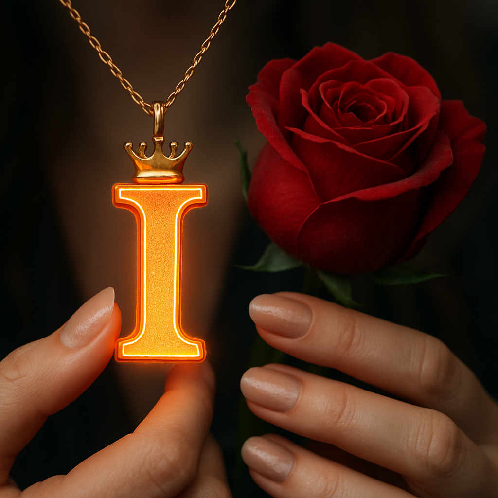 Download A to Z Alphabet Pendant DP – Golden Letter with Rose (Free HD) 9 A close-up shot of a person's hands holding a vibrant golden pendant shaped like the letter "I," which glows with a warm orange light around its edges. A small golden crown rests atop the letter, and the pendant is suspended from a delicate gold chain. To the right of the pendant, a deep red rose with tightly furled petals is also held. The person's nails are neatly manicured and painted with a light, natural-toned polish. The background is dark and softly blurred, emphasizing the luminous pendant and the rose.