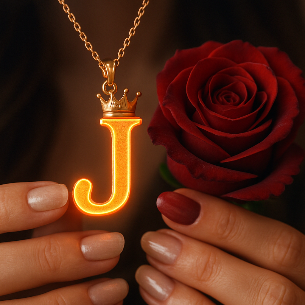 Download A to Z Alphabet Pendant DP – Golden Letter with Rose (Free HD) 10 A close-up shot of a person's hands holding a glowing golden pendant shaped like the letter "J," which emits a warm orange light from its edges. A small golden crown sits on top of the letter, and the pendant hangs from a delicate gold chain. To the right of the pendant, a deep red rose is held, its petals tightly furled. The person's nails are neatly manicured, with one hand featuring a vibrant red polish and the other a natural, light tone. The background is dark and softly blurred, drawing focus to the luminous pendant and the rose.