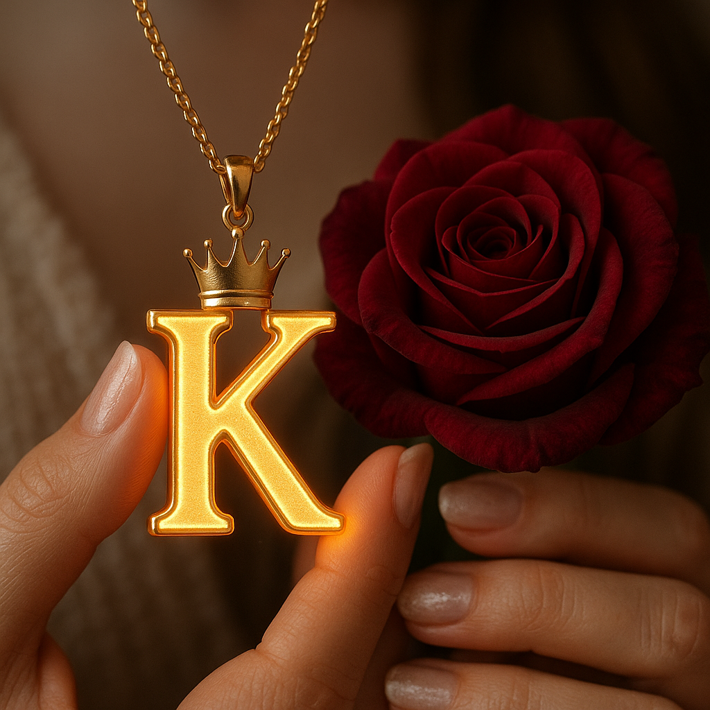 Download A to Z Alphabet Pendant DP – Golden Letter with Rose (Free HD) 11 A close-up shot of a person's hands holding a glowing golden pendant shaped like the letter "K," which emits a warm orange light from its lower edge. A small golden crown sits on top of the letter, and the pendant hangs from a delicate gold chain. To the right of the pendant, a deep red rose is held, its petals tightly furled. The person's nails are neatly manicured and painted with a natural, light-toned polish. The background is dark and softly blurred, drawing focus to the luminous pendant and the rose.