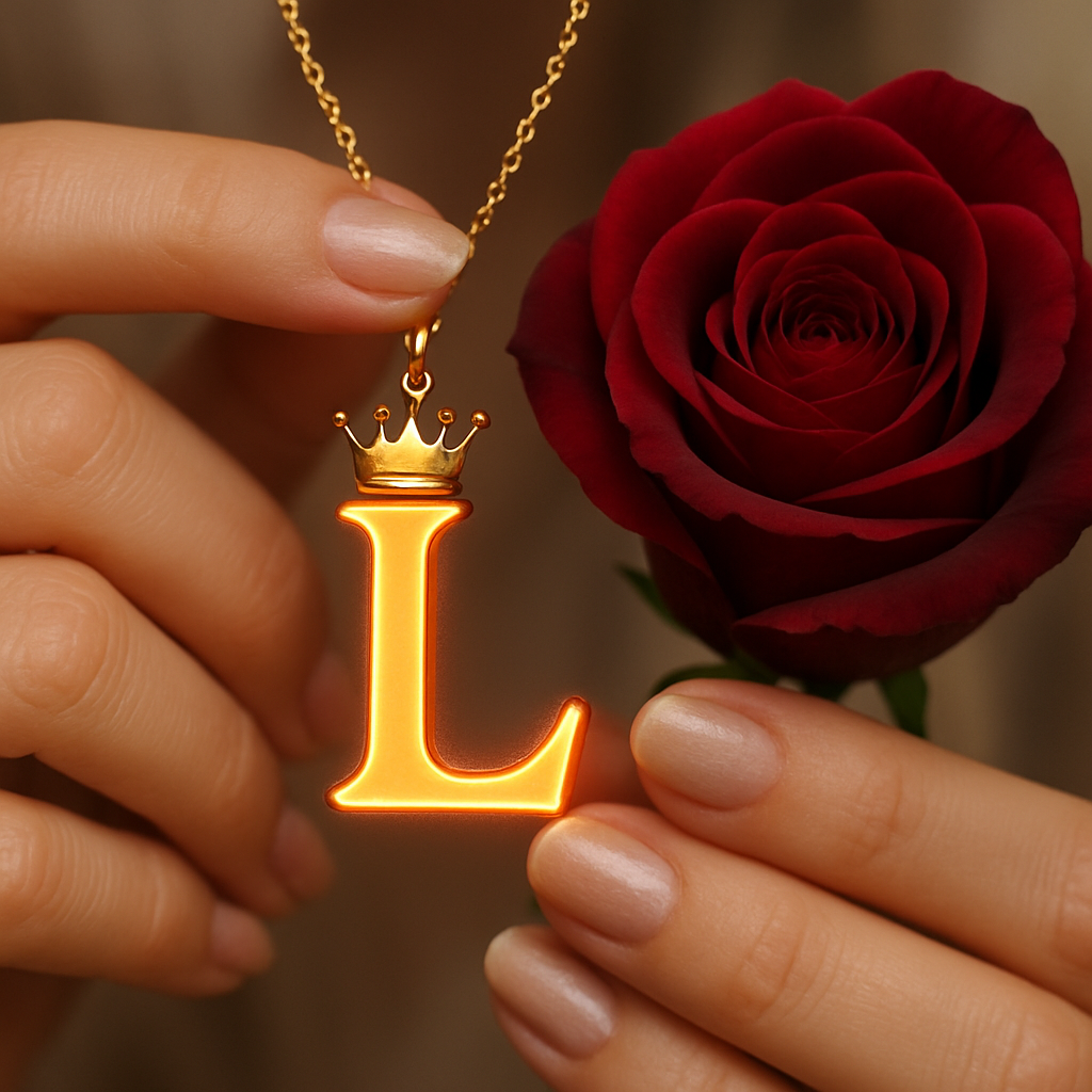 Download A to Z Alphabet Pendant DP – Golden Letter with Rose (Free HD) 12 A close-up shot of a person's hands holding a glowing golden pendant shaped like the letter "L," which emits a warm orange light from its lower edge. A small golden crown sits on top of the letter, and the pendant hangs from a delicate gold chain. To the right of the pendant, a deep red rose is held, its petals tightly furled. The person's nails are neatly manicured and painted with a natural, light-toned polish. The background is dark and softly blurred, drawing focus to the luminous pendant and the rose.