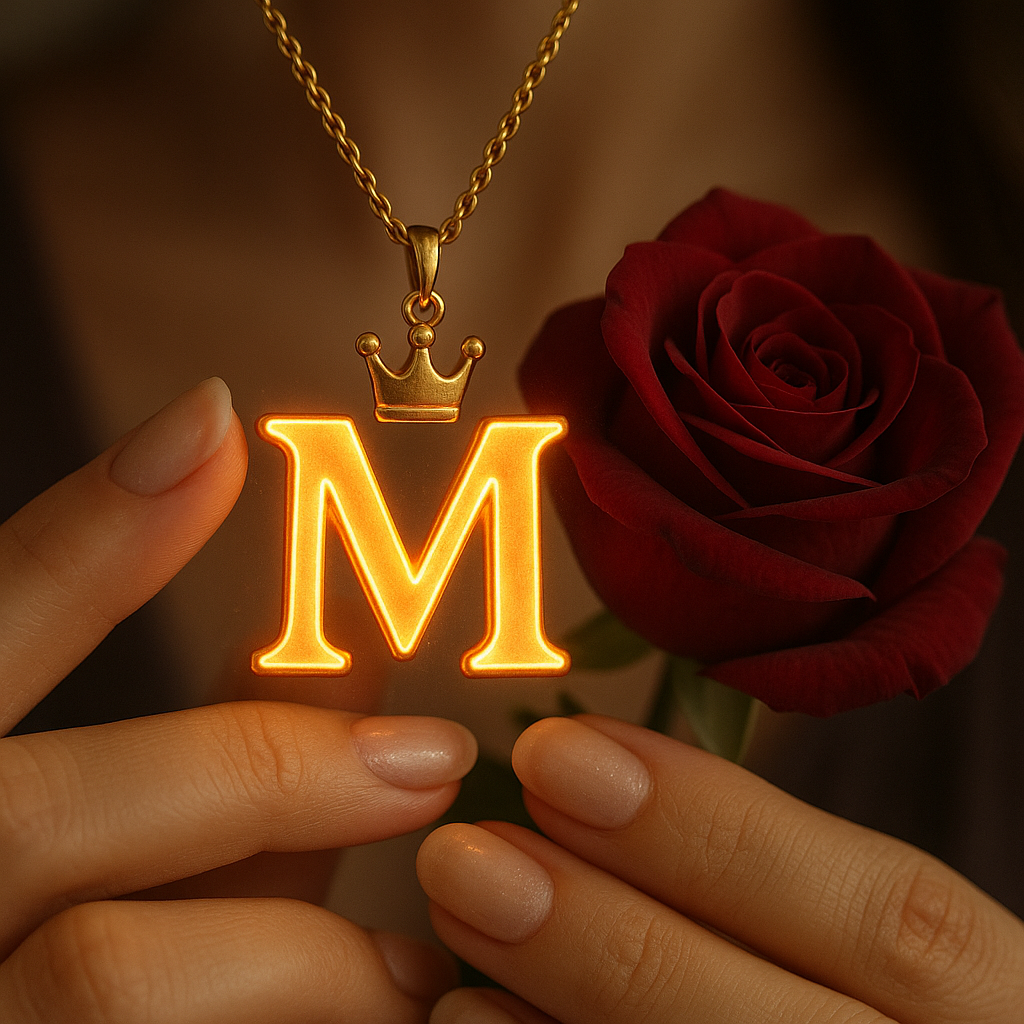 Download A to Z Alphabet Pendant DP – Golden Letter with Rose (Free HD) 14 A close-up shot of a person's hands holding a glowing golden pendant shaped like the letter "M," which emits a warm orange light from its edges. A small golden crown sits atop the letter, and the pendant hangs from a delicate gold chain. To the right of the pendant, a deep red rose is held, its petals tightly furled. The person's nails are neatly manicured and painted with a natural, light-toned polish. The background is dark and softly blurred, drawing focus to the luminous pendant and the rose.