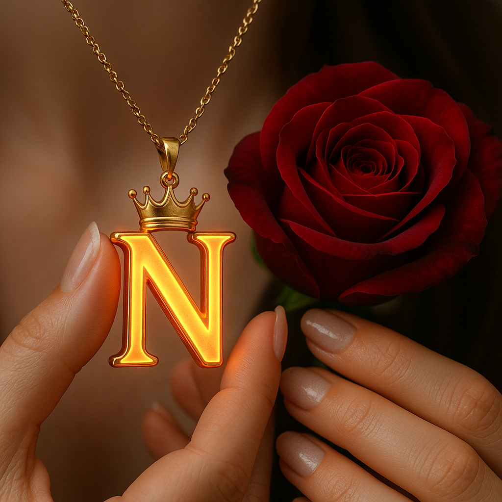 Download A to Z Alphabet Pendant DP – Golden Letter with Rose (Free HD) 13 A close-up shot of a person's hands holding a glowing golden pendant shaped like the letter "N," which emits a warm orange light from its edges. A small golden crown sits atop the letter, and the pendant hangs from a delicate gold chain. To the right of the pendant, a deep red rose is held, its petals tightly furled. The person's nails are neatly manicured and painted with a natural, light-toned polish. The background is dark and softly blurred, drawing focus to the luminous pendant and the rose.