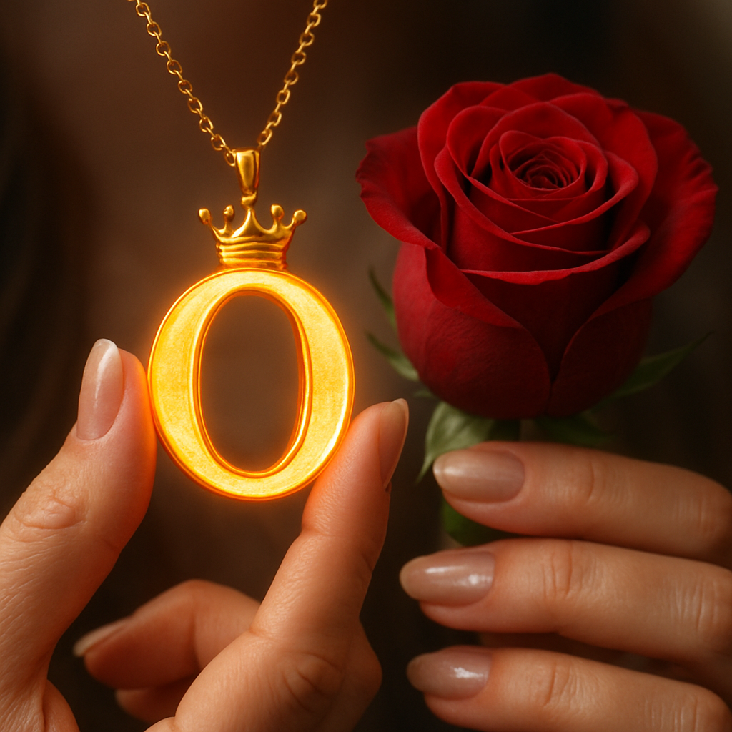 Download A to Z Alphabet Pendant DP – Golden Letter with Rose (Free HD) 15 A close-up shot of a person's hands holding a glowing golden pendant shaped like the letter "O," which emits a warm orange light from its edges. A small golden crown sits atop the letter, and the pendant hangs from a delicate gold chain. To the right of the pendant, a deep red rose is held, its petals tightly furled. The person's nails are neatly manicured and painted with a natural, light-toned polish. The background is dark and softly blurred, drawing focus to the luminous pendant and the rose.