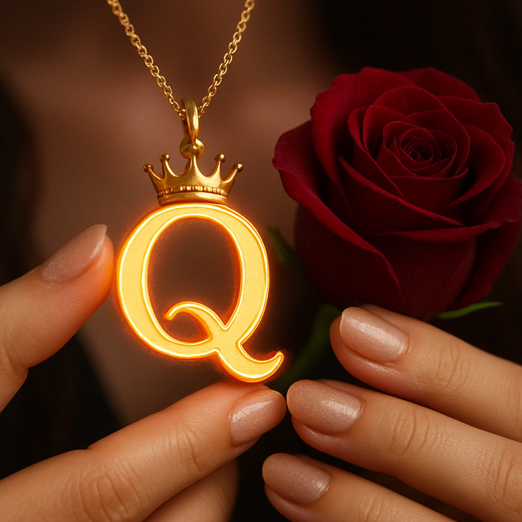 Download A to Z Alphabet Pendant DP – Golden Letter with Rose (Free HD) 17 A close-up shot of a person's hands holding a glowing golden pendant shaped like the letter "Q," which emits a warm orange light from its edges. A small golden crown sits atop the letter, and the pendant hangs from a delicate gold chain. To the right of the pendant, a deep red rose is held, its petals tightly furled. The person's nails are neatly manicured and painted with a natural, light-toned polish. The background is dark and softly blurred, drawing focus to the luminous pendant and the rose.