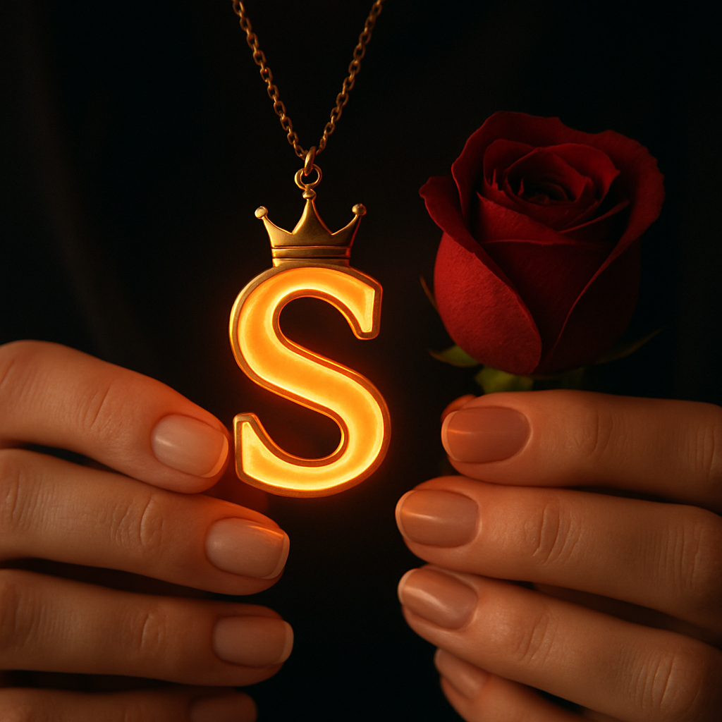 Download A to Z Alphabet Pendant DP – Golden Letter with Rose (Free HD) 20 A close-up shot of a person's hands holding a glowing golden pendant shaped like the letter "S," which emits a warm orange light from its edges. A small golden crown sits atop the letter, and the pendant hangs from a delicate gold chain. To the right of the pendant, a deep red rose is held, its petals tightly furled. The person's nails are neatly manicured and painted with a natural, light-toned polish. The background is dark and softly blurred, drawing focus to the luminous pendant and the rose.