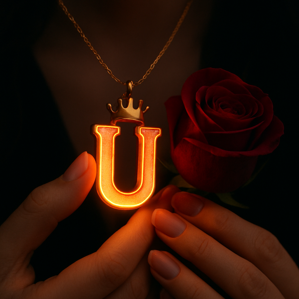Download A to Z Alphabet Pendant DP – Golden Letter with Rose (Free HD) 21 A close-up shot of a person's hands holding a glowing golden pendant shaped like the letter "U," which emits a warm orange light from its edges. A small golden crown sits atop the letter, and the pendant hangs from a delicate gold chain. To the right of the pendant, a deep red rose is held, its petals tightly furled. The person's nails are neatly manicured and painted with a natural, light-toned polish. The background is dark and softly blurred, drawing focus to the luminous pendant and the rose.