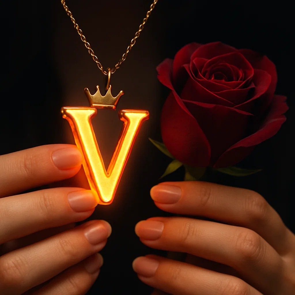 Download A to Z Alphabet Pendant DP – Golden Letter with Rose (Free HD) 22 A close-up shot of a person's hands holding a glowing golden pendant shaped like the letter "V," which emits a warm orange light from its edges. A small golden crown sits atop the letter, and the pendant hangs from a delicate gold chain. To the right of the pendant, a deep red rose is held, its petals tightly furled. The person's nails are neatly manicured and painted with a natural, light-toned polish. The background is dark and softly blurred, drawing focus to the luminous pendant and the rose.