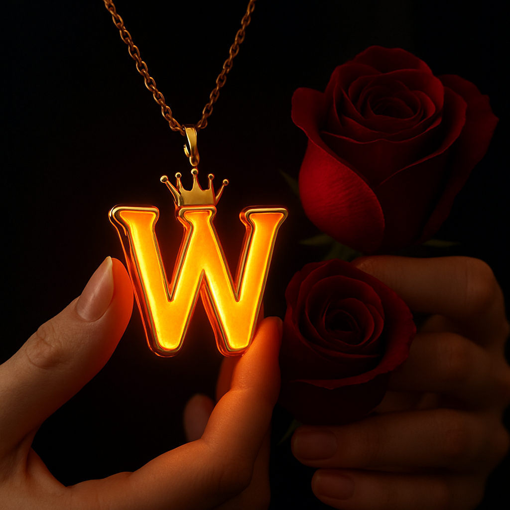 Download A to Z Alphabet Pendant DP – Golden Letter with Rose (Free HD) 23 A close-up shot of a person's hands holding a glowing golden pendant shaped like the letter "W," which emits a warm orange light from its edges. A small golden crown sits atop the letter, and the pendant hangs from a delicate gold chain. To the right, two deep red roses are visible, one partially obscured, both with tightly furled petals. The person's nails are neatly manicured and painted with a natural, light-toned polish. The background is dark and softly blurred, drawing focus to the luminous pendant and the roses.