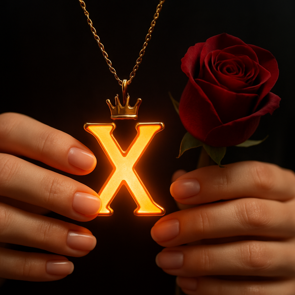 Download A to Z Alphabet Pendant DP – Golden Letter with Rose (Free HD) 24 A close-up shot of a person's hands holding a glowing golden pendant shaped like the letter "X," which emits a warm orange light from its edges. A small golden crown sits atop the letter, and the pendant hangs from a delicate gold chain. To the right of the pendant, a deep red rose is held, its petals tightly furled. The person's nails are neatly manicured and painted with a natural, light-toned polish. The background is dark and softly blurred, drawing focus to the luminous pendant and the rose.