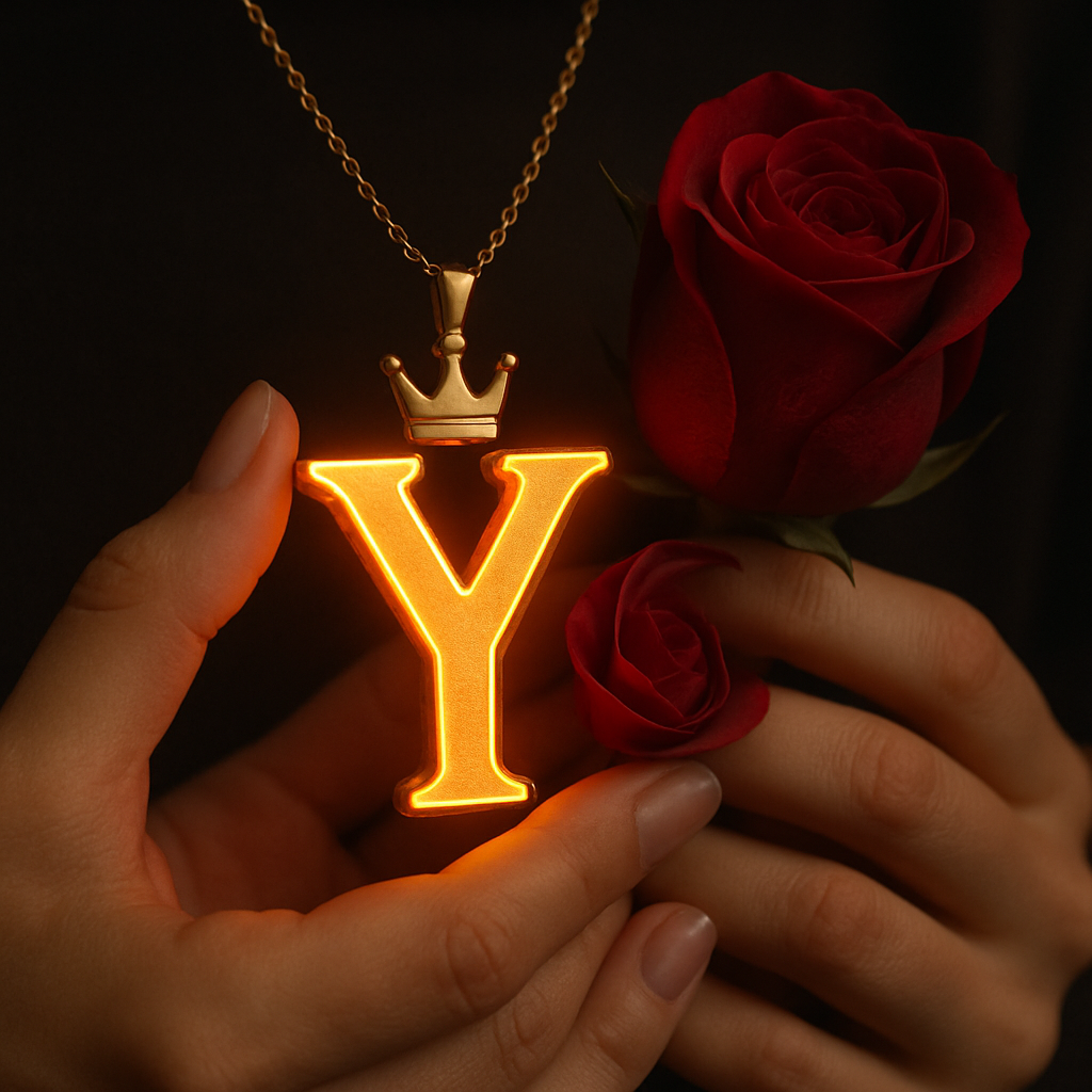Download A to Z Alphabet Pendant DP – Golden Letter with Rose (Free HD) 25 A close-up shot of a person's hands holding a glowing golden pendant shaped like the letter "Y," which emits a warm orange light from its edges. A small golden crown sits atop the letter, and the pendant hangs from a delicate gold chain. To the right, two deep red roses are visible, one partially obscured, both with tightly furled petals. The person's nails are neatly manicured and painted with a natural, light-toned polish. The background is dark and softly blurred, drawing focus to the luminous pendant and the roses.