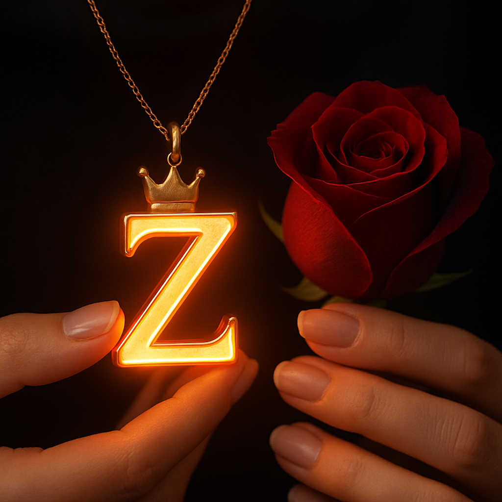 Download A to Z Alphabet Pendant DP – Golden Letter with Rose (Free HD) 26 A close-up shot of a person's hands holding a glowing golden pendant shaped like the letter "Z," which emits a warm orange light from its edges. A small golden crown sits atop the letter, and the pendant hangs from a delicate gold chain. To the right of the pendant, a deep red rose is held, its petals tightly furled. The person's nails are neatly manicured and painted with a natural, light-toned polish. The background is dark and softly blurred, drawing focus to the luminous pendant and the rose.