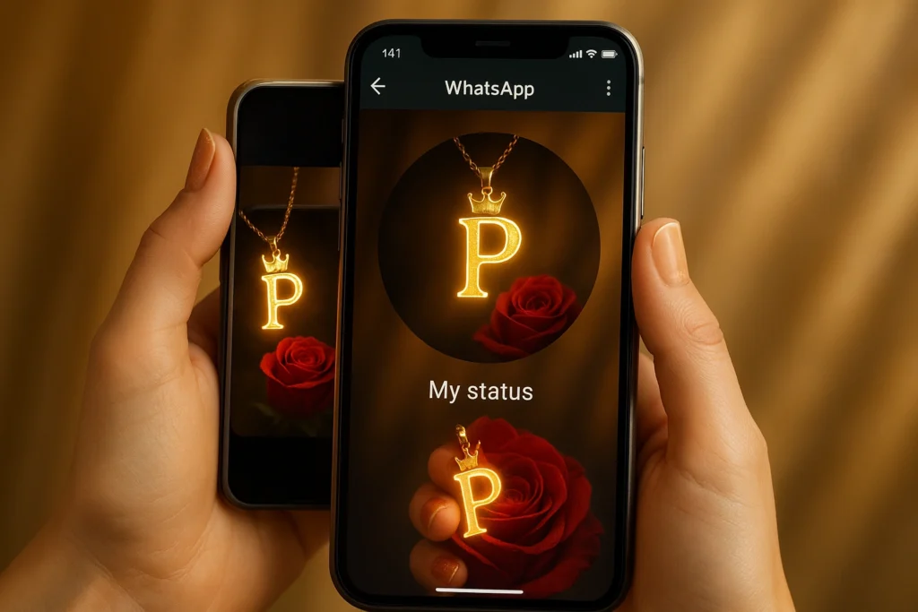 A person's hands are holding two smartphones, displaying a WhatsApp status update. The phone in the right hand is prominent, showing a glowing golden letter "P" pendant with a crown on a thin gold chain, alongside a red rose, against a dark background. Below this, the text "My status" is visible, followed by another similar image of the "P" pendant and a rose, partially cut off at the bottom. The phone in the left hand is slightly behind and angled, mirroring the same image of the "P" pendant and rose on its screen. The background is a soft, blurred golden-brown.