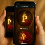 A person's hands are holding two smartphones, displaying a WhatsApp status update. The phone in the right hand is prominent, showing a glowing golden letter "P" pendant with a crown on a thin gold chain, alongside a red rose, against a dark background. Below this, the text "My status" is visible, followed by another similar image of the "P" pendant and a rose, partially cut off at the bottom. The phone in the left hand is slightly behind and angled, mirroring the same image of the "P" pendant and rose on its screen. The background is a soft, blurred golden-brown.