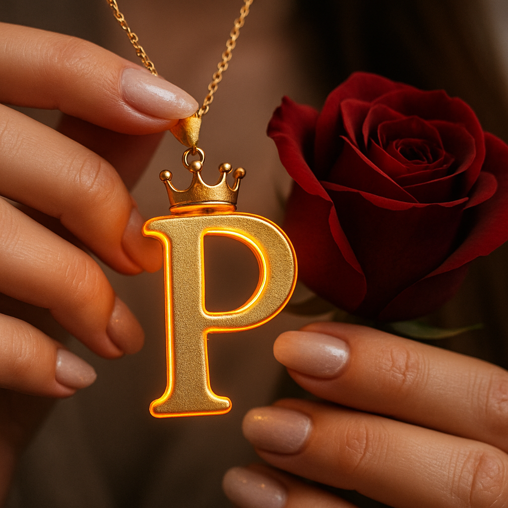 Download A to Z Alphabet Pendant DP – Golden Letter with Rose (Free HD) 16 A close-up shot of a person's hands holding a glowing golden pendant shaped like the letter "P," which emits a warm orange light from its edges. A small golden crown sits atop the letter, and the pendant hangs from a delicate gold chain. To the right of the pendant, a deep red rose is held, its petals tightly furled. The person's nails are neatly manicured and painted with a natural, light-toned polish. The background is dark and softly blurred, drawing focus to the luminous pendant and the rose.