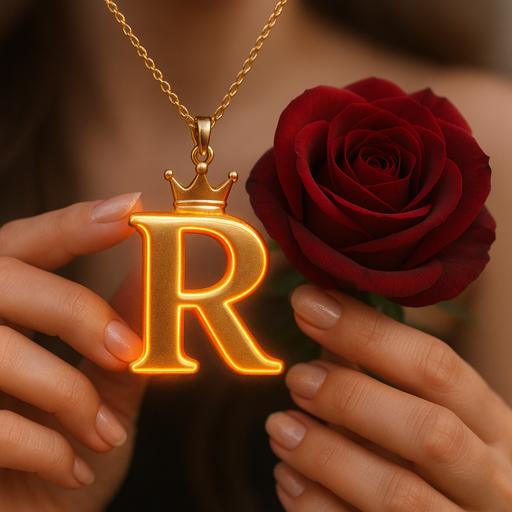 Download A to Z Alphabet Pendant DP – Golden Letter with Rose (Free HD) 18 A close-up shot of a person's hands holding a glowing golden pendant shaped like the letter "R," which emits a warm orange light from its edges. A small golden crown sits atop the letter, and the pendant hangs from a delicate gold chain. To the right of the pendant, a deep red rose is held, its petals tightly furled. The person's nails are neatly manicured and painted with a natural, light-toned polish. The background is dark and softly blurred, drawing focus to the luminous pendant and the rose.