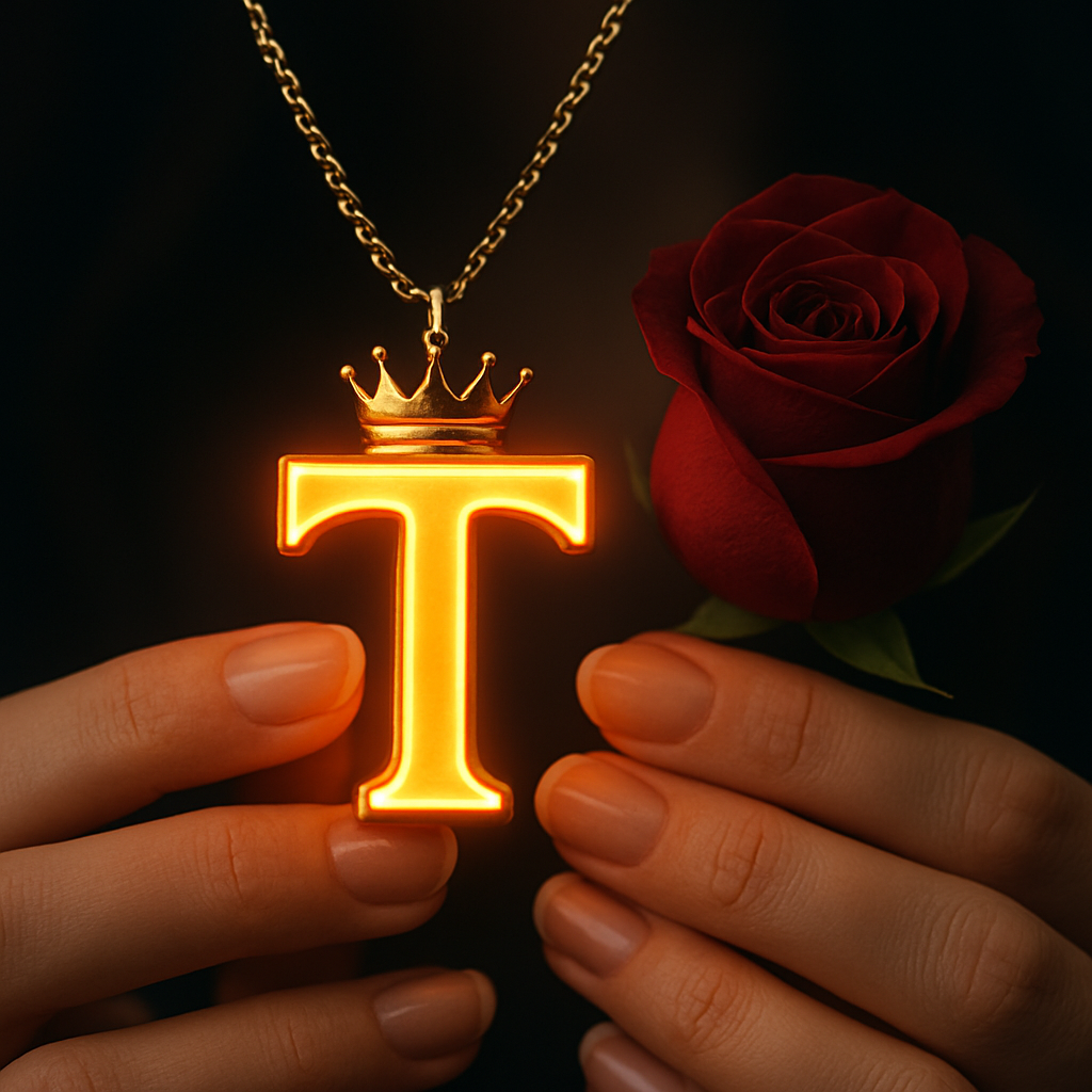 Download A to Z Alphabet Pendant DP – Golden Letter with Rose (Free HD) 19 A close-up shot of a person's hands holding a glowing golden pendant shaped like the letter "T," which emits a warm orange light from its edges. A small golden crown sits atop the letter, and the pendant hangs from a delicate gold chain. To the right of the pendant, a deep red rose is held, its petals tightly furled. The person's nails are neatly manicured and painted with a natural, light-toned polish. The background is dark and softly blurred, drawing focus to the luminous pendant and the rose.