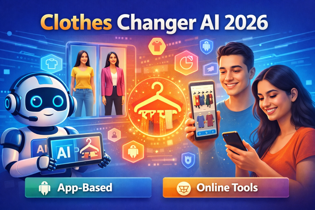 Clothes changer AI 2026 showing artificial intelligence digitally changing outfits on a person in a realistic preview image