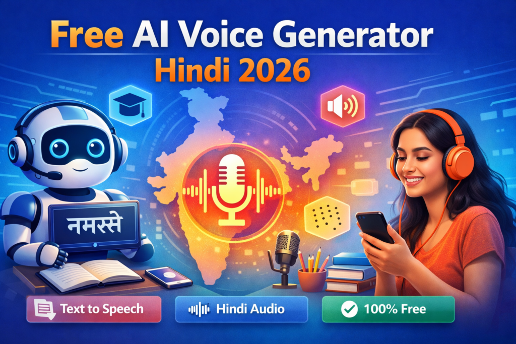 Free AI voice generator Hindi 2026 showing Hindi text converted into natural speech using artificial intelligence