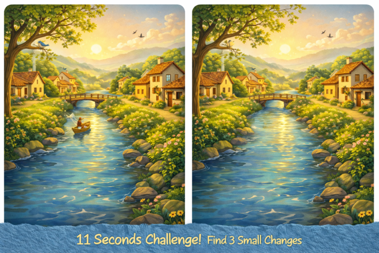 Spot the difference river flowing through a quiet village puzzle