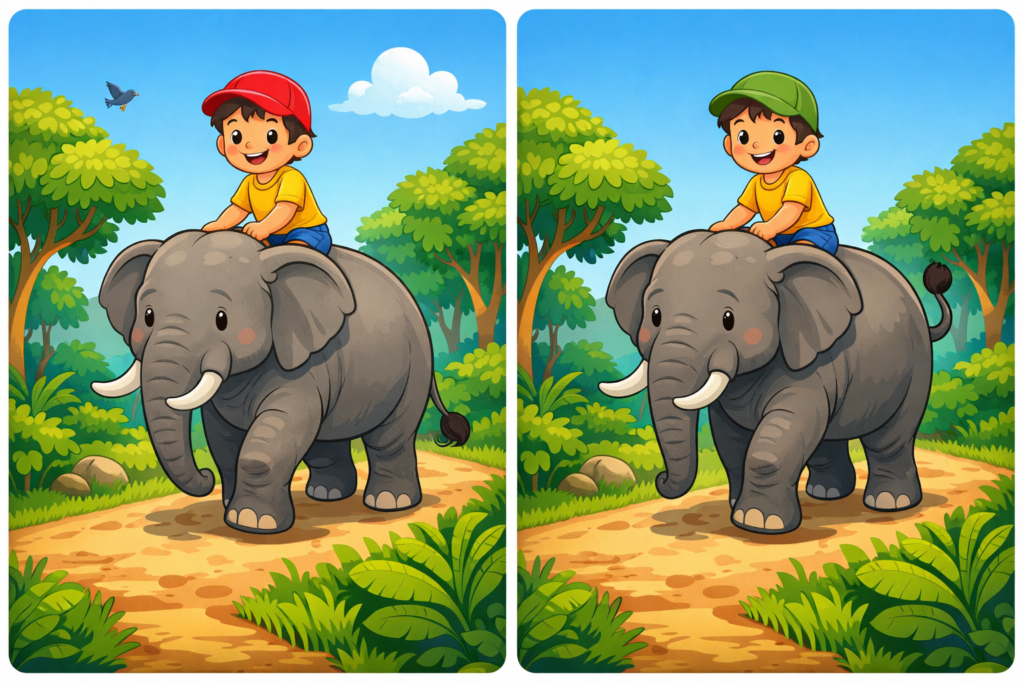 spot the 3 differences boy riding elephant
