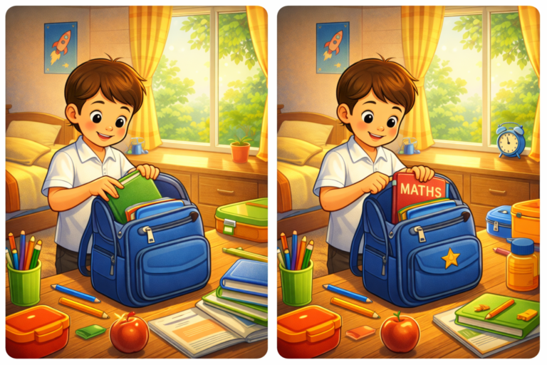 Spot the difference boy packing his school bag in the morning puzzle