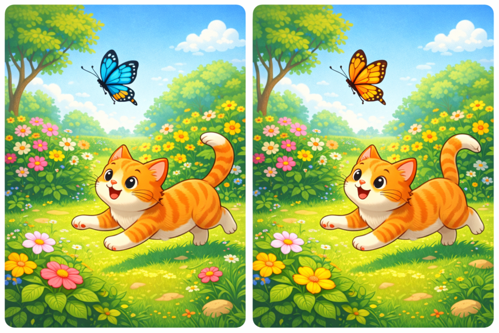 🐱🦋 Spot the Difference: Find 3 Differences in the Cat Chasing a Butterfly in the Garden Image in 8 Seconds 7 spot the difference cat chasing butterfly garden