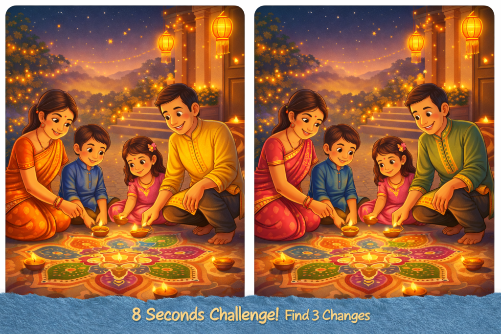 Spot the difference Diwali family lighting diyas puzzle