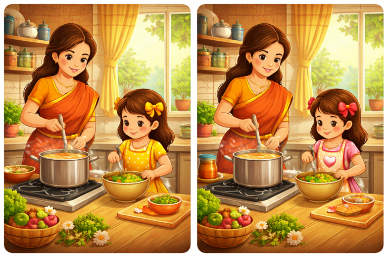 Spot the difference girl helping her mother in the kitchen puzzle