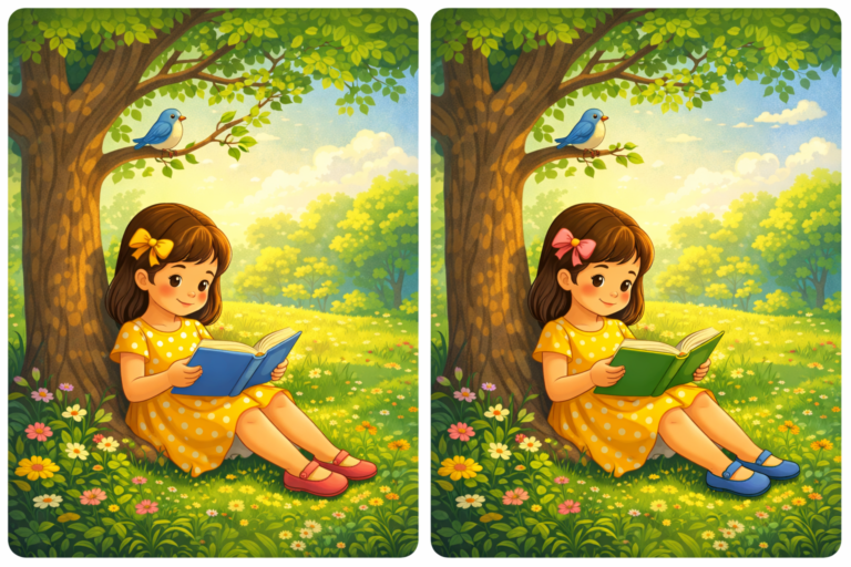 Spot the difference girl reading book under tree puzzle