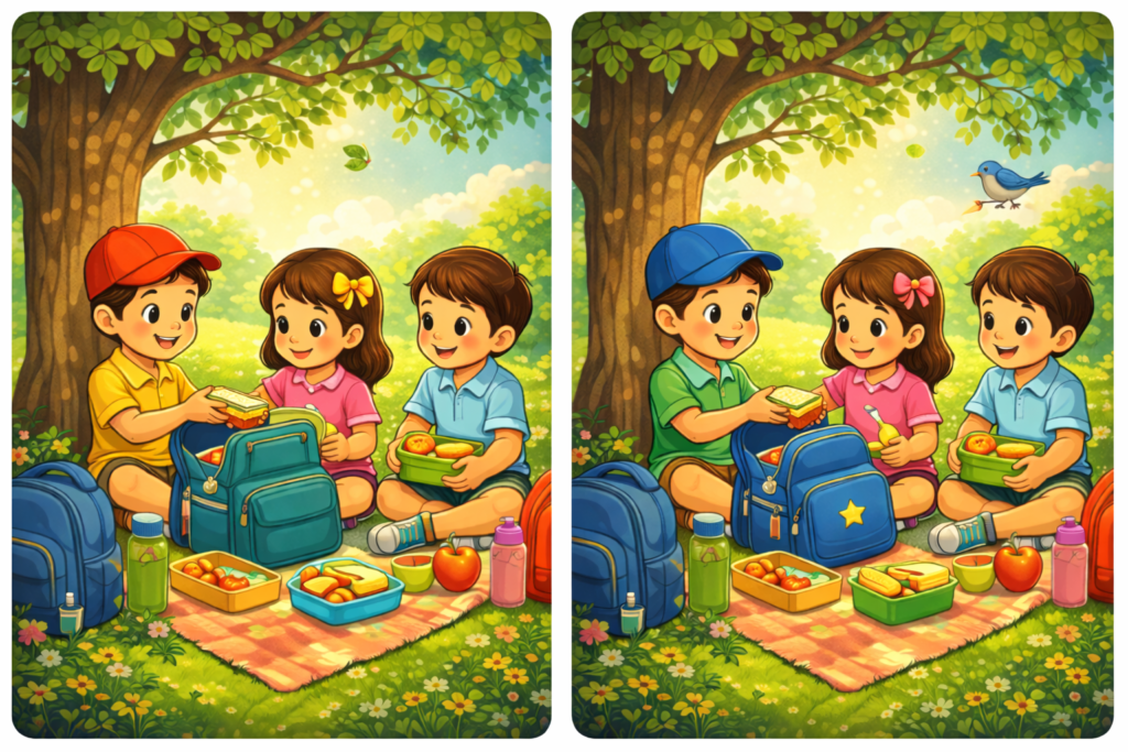 Spot the difference kids sharing lunch under a tree puzzle