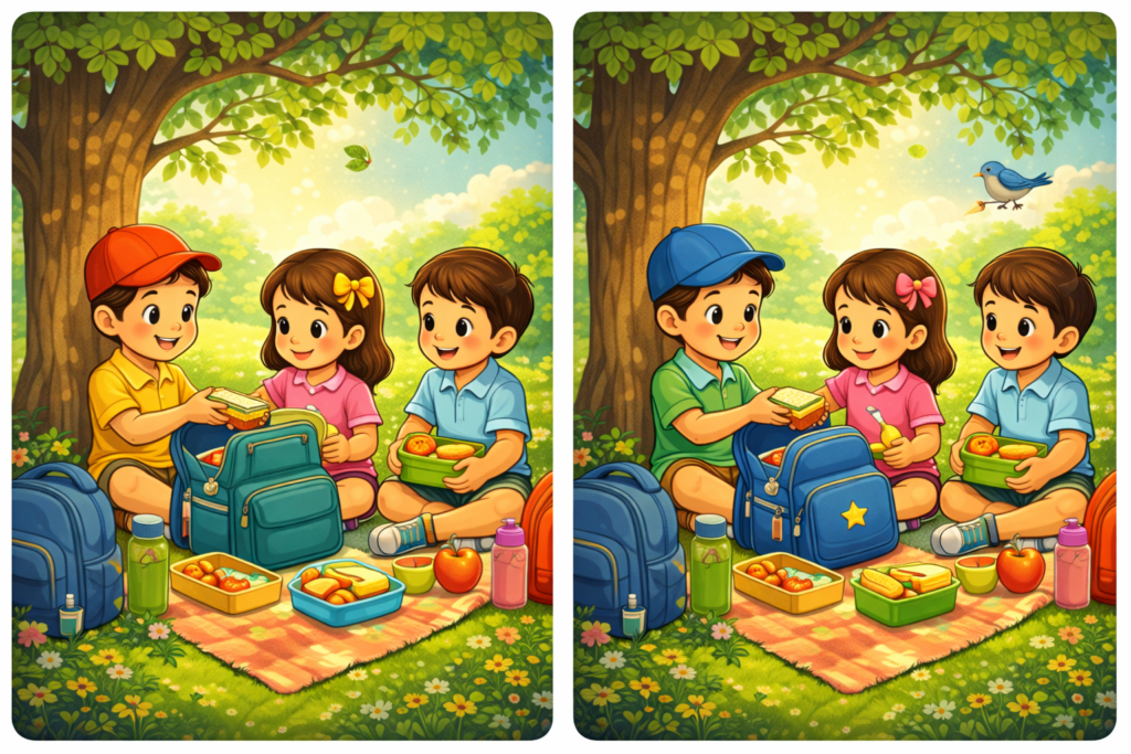 Spot the difference kids sharing lunch under a tree puzzle