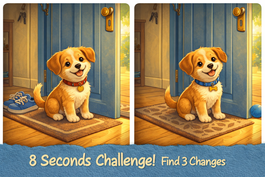 Spot the difference puppy waiting at the door puzzle