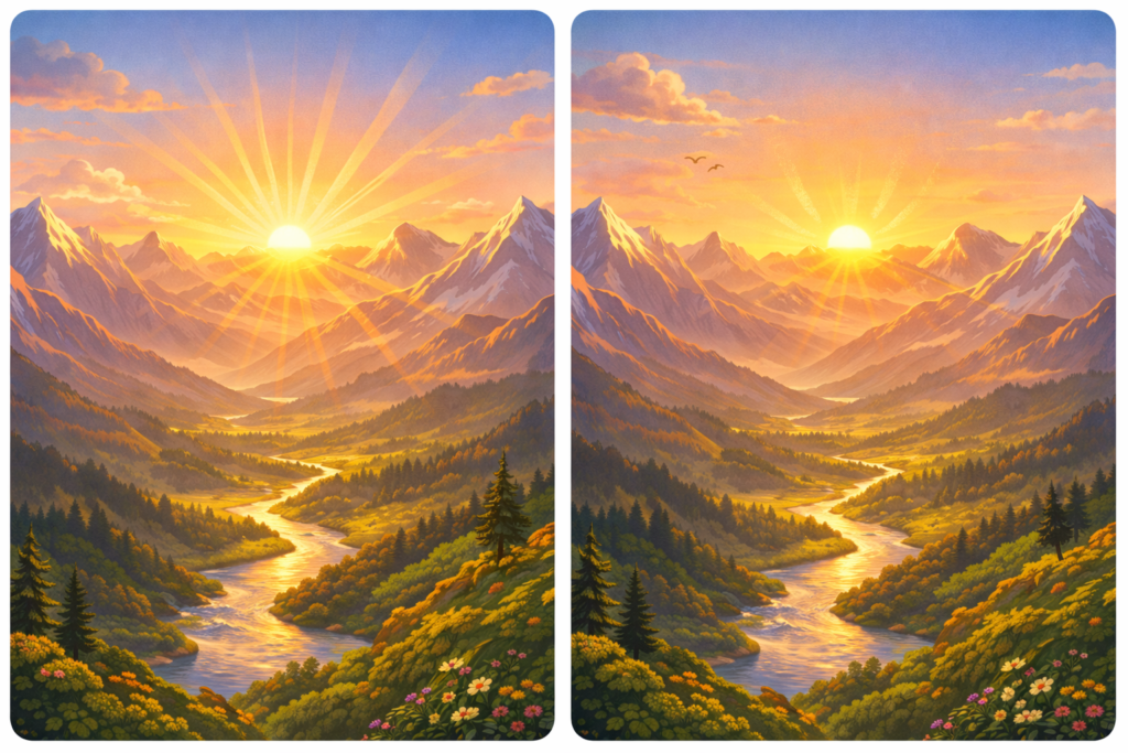 Spot the difference sunrise over mountains puzzle