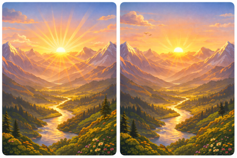 Spot the difference sunrise over mountains puzzle