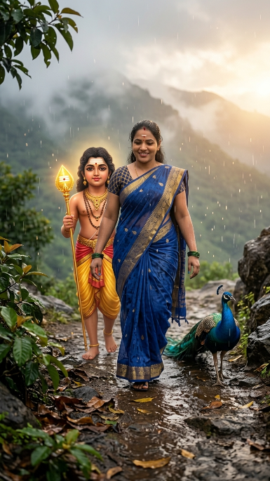 Use the uploaded photo as the exact face reference. The uploaded woman walks beside Lord Murugan on a misty mountain path during a gentle monsoon rain. Murugan holds a golden Vel while a peacock walks nearby. Rain droplets sparkle in the evening light. The woman smiles peacefully while walking next to Murugan. Wet saree fabric movement, realistic rain effects, cinematic mountain scenery, divine atmosphere, highly realistic photography.