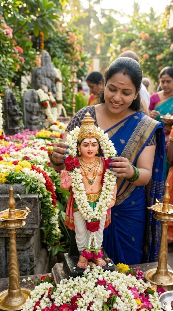 Prompt for adorning Lord Murugan with a flower garland