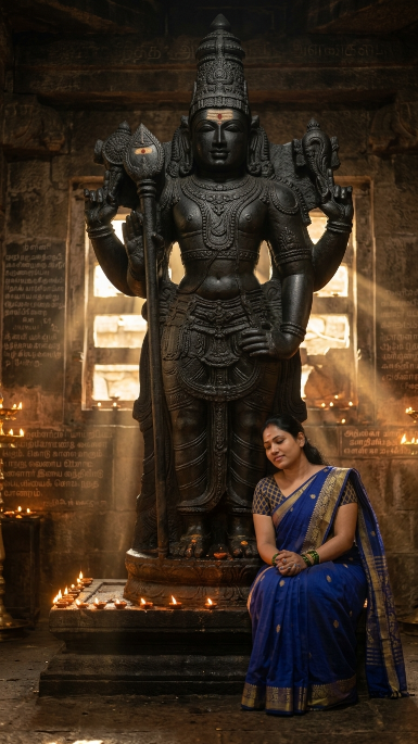 Use the uploaded photo as the exact face reference. A gigantic ancient black stone statue of Lord Murugan stands inside a forgotten mountain temple. The uploaded woman sits peacefully near Murugan's stone feet, leaning gently against the sacred pedestal. Thousands of oil lamps illuminate the temple. Soft golden rays enter through broken stone windows. Ancient Tamil inscriptions cover the walls. Realistic photography, spiritual atmosphere, emotional devotion, ultra detailed stone textures, cinematic lighting, natural human proportions.