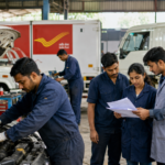 Busy auto workshop with India Post vehicles