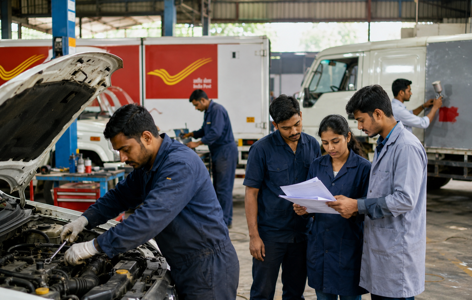 Busy auto workshop with India Post vehicles