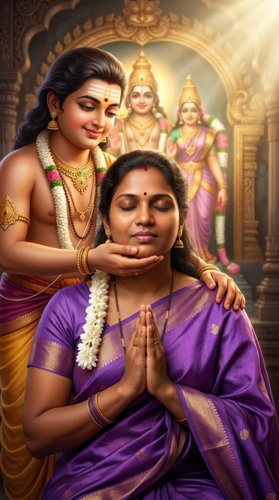 person's photo as the face reference. The person kneels before Lord Murugan in deep prayer. Murugan lovingly lifts their chin and smiles like a caring parent. Powerful emotional connection, divine love, glowing temple background, soft heavenly light, realistic facial expressions, ultra-detailed spiritual artwork with photographic realism.