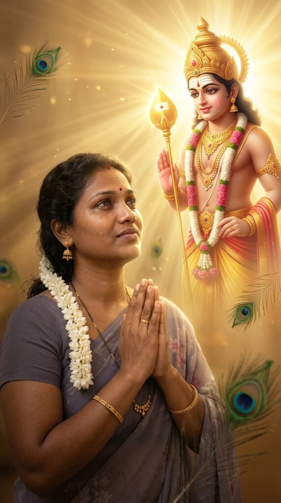 person's photo as the face reference. The person stands with folded hands and tears of gratitude while Lord Murugan appears before them in radiant divine form. Emotional reunion, spiritual miracle, glowing Vel, celestial light rays, peacock feathers floating in the air, ultra-realistic photography, deep devotional feeling, preserved facial identity, cinematic masterpiece.