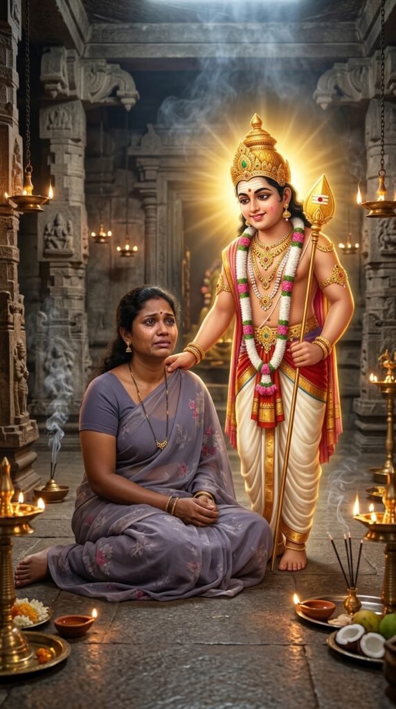 person's photo as the face reference. The person sits with tears in their eyes inside an ancient temple. Lord Murugan stands beside them, offering comfort and hope with a gentle smile. Divine golden aura, emotional storytelling, temple lamps, sacred mist, realistic human emotions, highly detailed devotional photography.